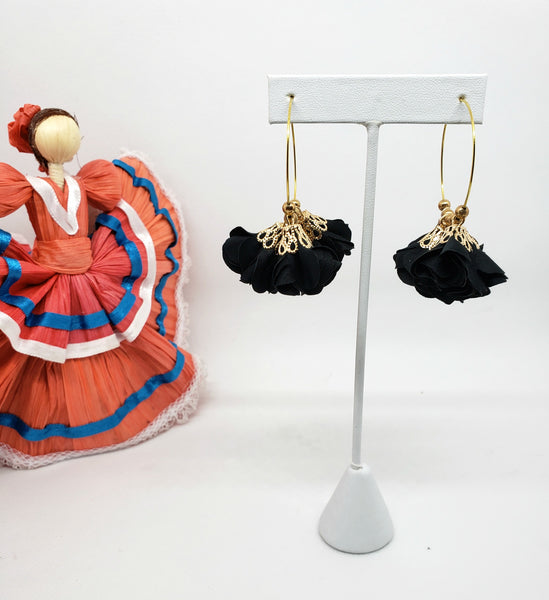 Medium Gold Hoops with Black Flower Dangles