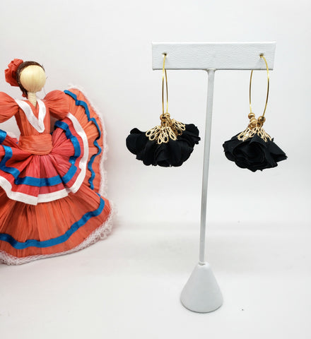 Medium Gold Hoops with Black Flower Dangles