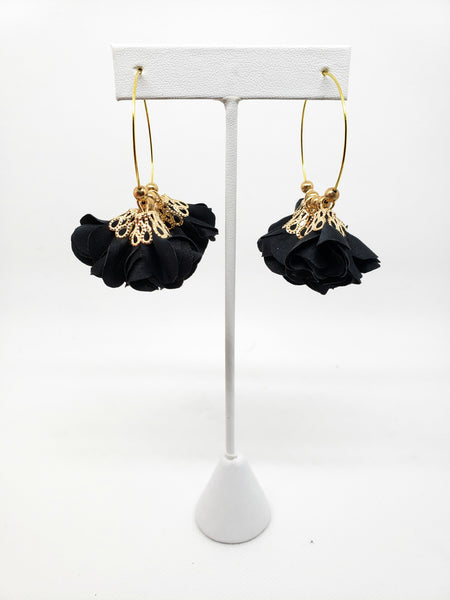 Medium Gold Hoops with Black Flower Dangles