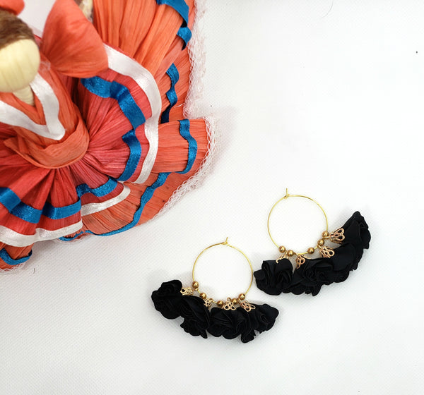 Medium Gold Hoops with Black Flower Dangles