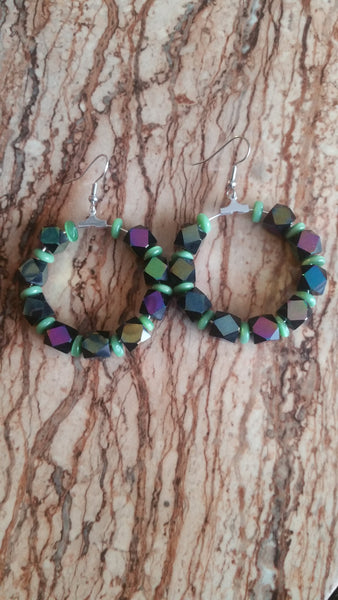 Green Silver Hoop Earrings