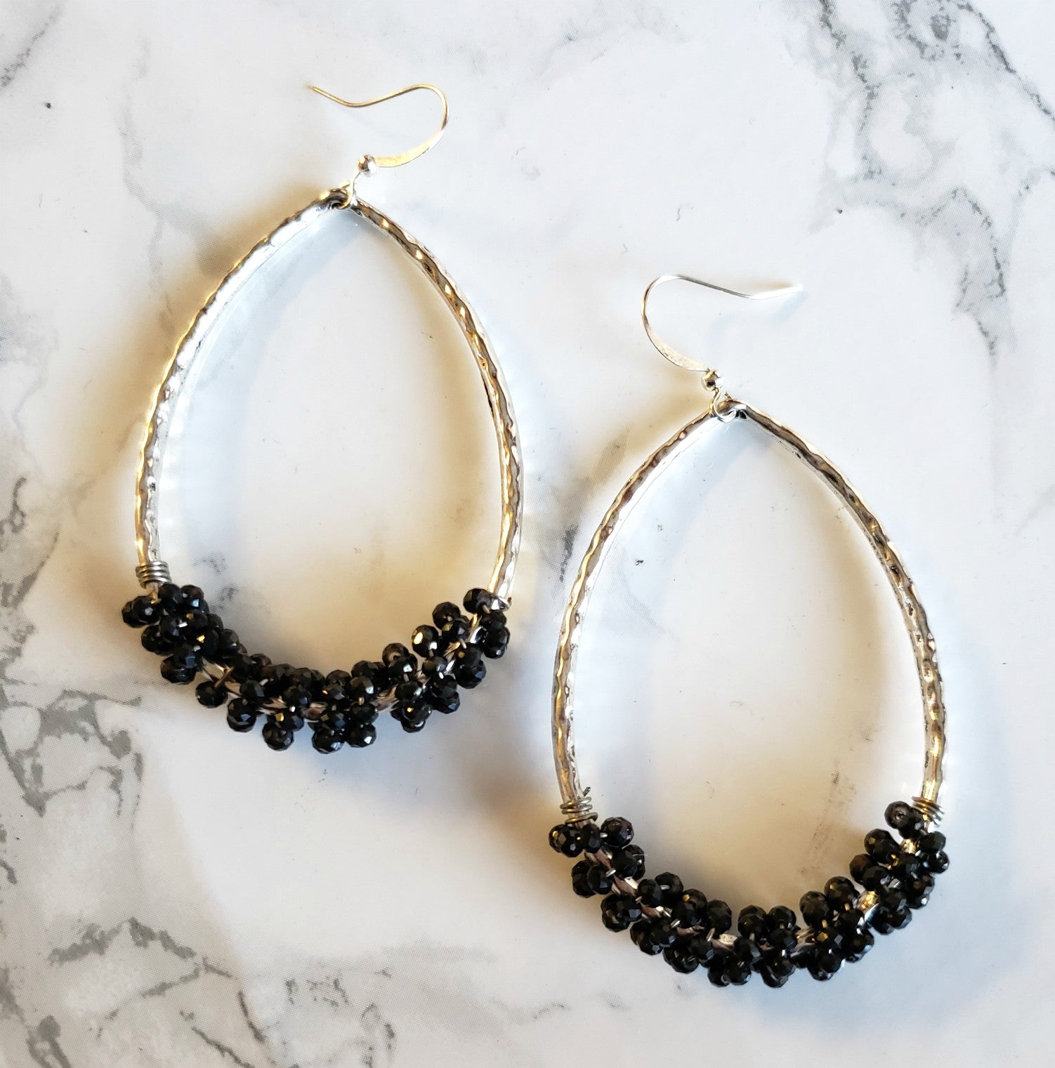 Silver & Black Teardrop Hoops