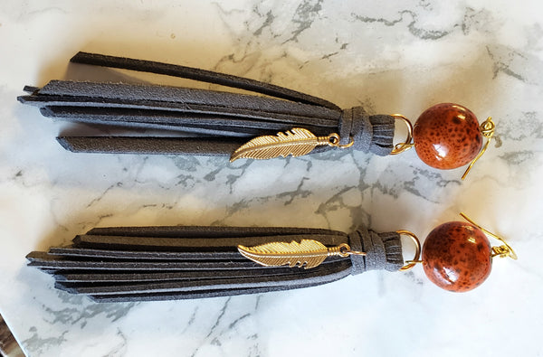 Beaded Gray Tassel Earrings