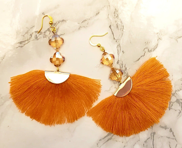 Orange Tassel Fan Earrings with Cross