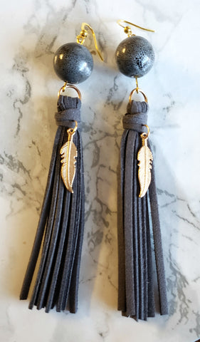 Beaded Gray Tassel Earrings