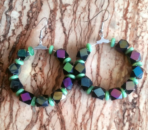 Green Silver Hoop Earrings
