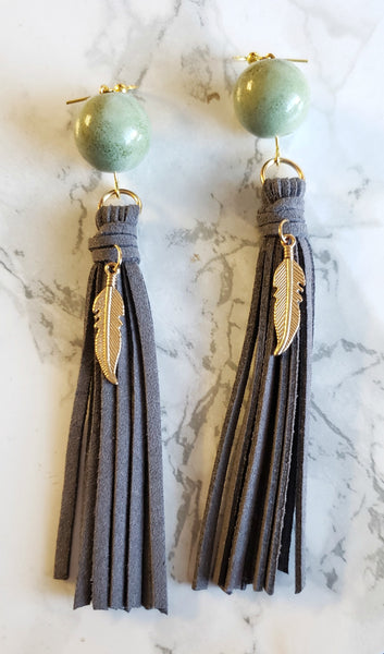 Beaded Gray Tassel Earrings